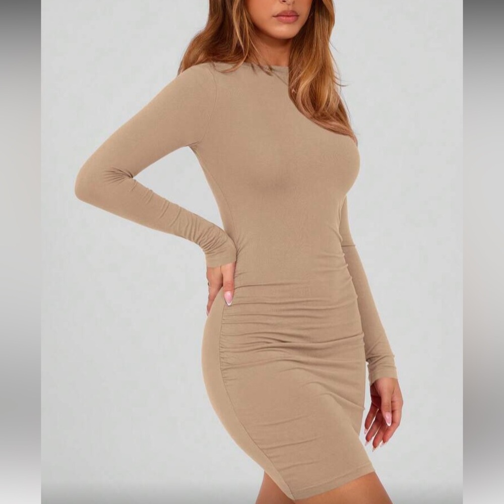 Women's Khaki Long Sleeve Black Bodycon Dress - Picture 4 of 5